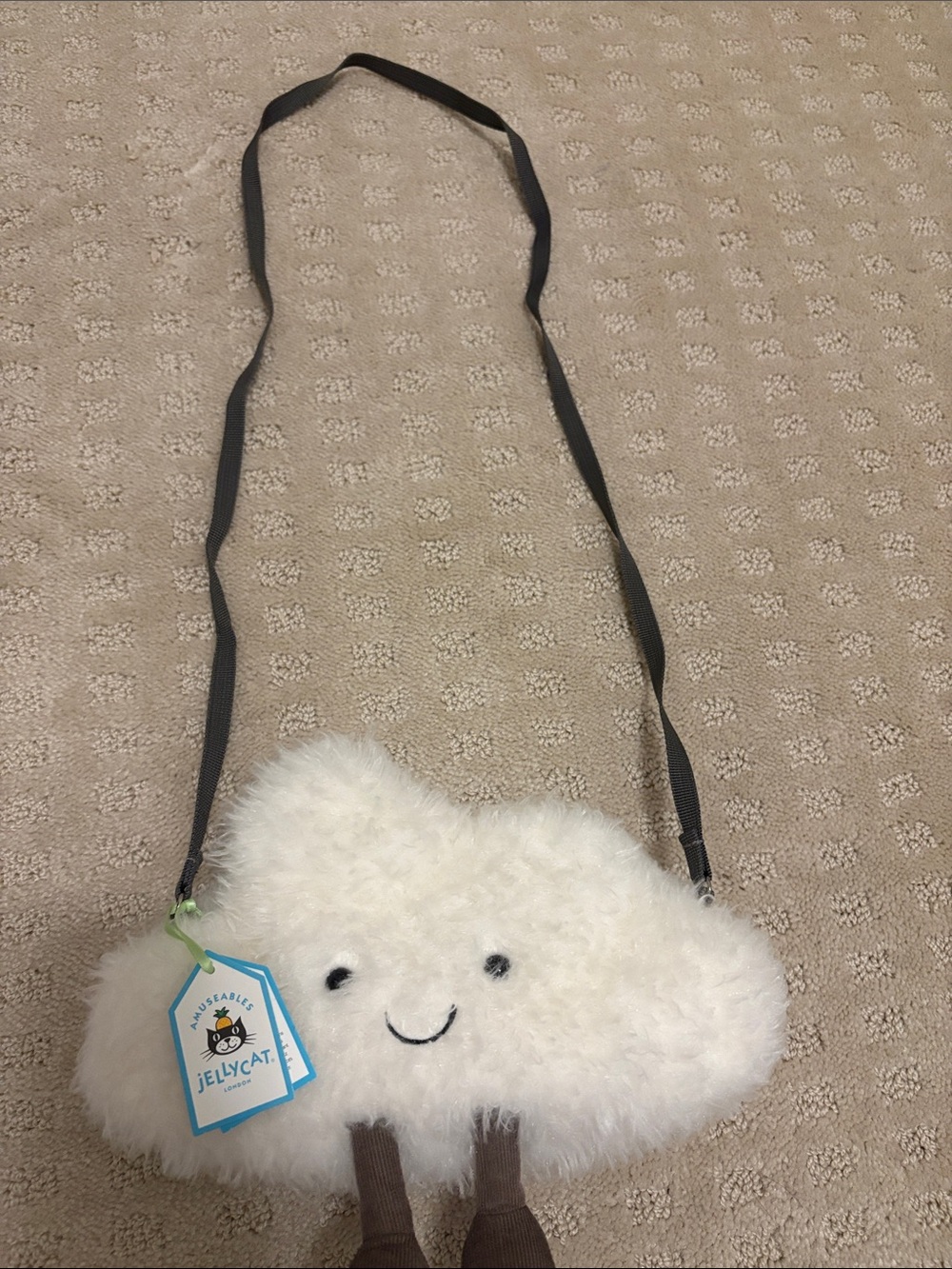 Jellycat White Smiling Cloud Crossbody Bag with Black Strap